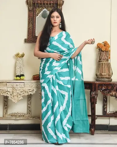 Radhika Handicrafts Women's Hand block Ikat Batik Sanganeri Jaipuri Printed Cotton Mulmul Fabric Saree With Blouse Piece_THB-007_Rama Green-thumb4