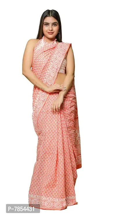 Radhika Handicrafts Women's Cotton Mulmul Hand Block Printed Saree With Blouse Piece_ SH-1033