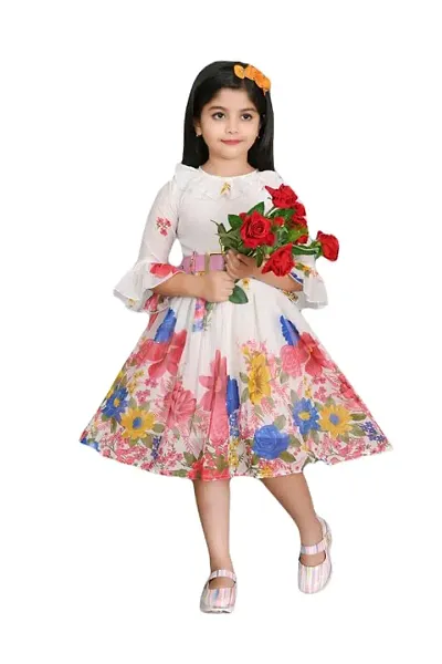 SK J.J DRESSES Girl's Chiffon Casual and Comfortable Midi/Knee Length Fit and Flare Dress for Kids