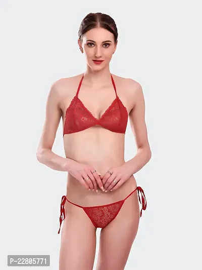 Comfortable Red Polyester Combo Bra And Panty For Women