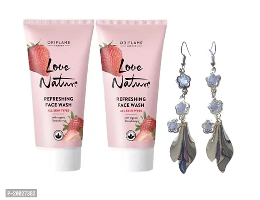 Refreshing Face Wash with Organic Strawberry 50ML each (Pack of 2) and Earrings for Women  Girls (Combo)(by Ori flame)
