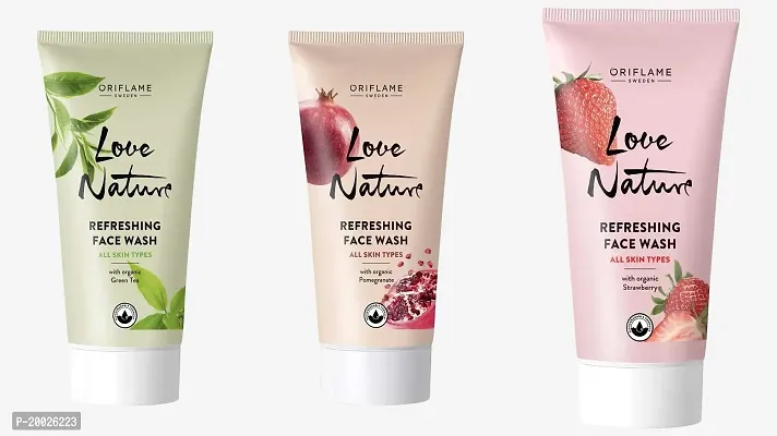 MAGICAL BASKET Oriflame Love Nature Refreshing Face Wash With Strawberry | Green Tea And Pomegranate For All Skin Types Pack Of 3pcs Combo