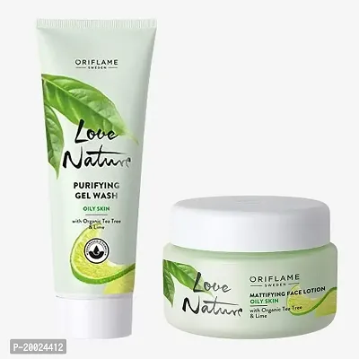Oriflame Love Nature Purifying Gel Wash  Mattifying Face Lotion with Organic Tea Tree  Lime set