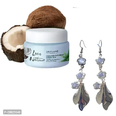 Oriflame Hydrating Face Cream with Organic Aloe Vera  Coconut Water and Earrings for Girls  Women's combo, 50ml, Pack of 2