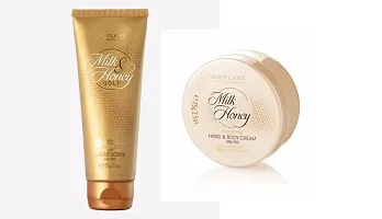 Oriflame milk and honey smoothing sugar scrub - 75 grams and MILK  HONEY GOLD nourishing hand and body cream - 75 grams - COMBO-thumb3