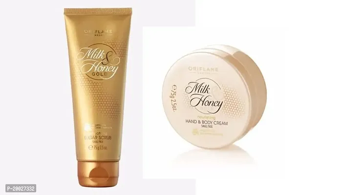 Oriflame milk and honey smoothing sugar scrub - 75 grams and MILK  HONEY GOLD nourishing hand and body cream - 75 grams - COMBO-thumb4