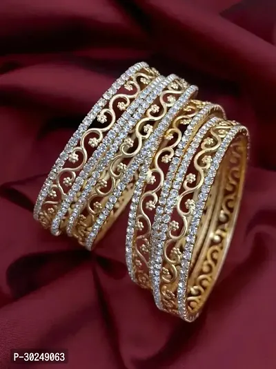 Elegant Golden Brass Cubic Zirconia Bangles Set For Women 4 Pieces-thumb0