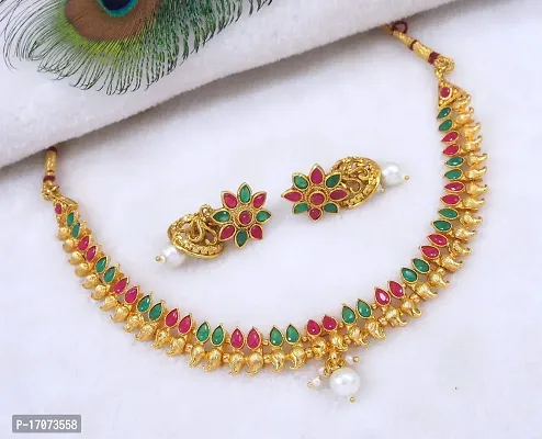 Govindam Delicate Necklace Set Gold Plated with Ruby Green and Pearl Stone-thumb0