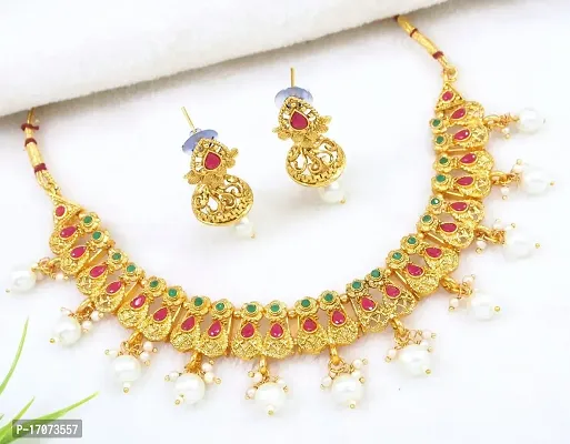 Govindam Delicate Necklace Set Gold Plated with Ruby Green and Pearl Stone