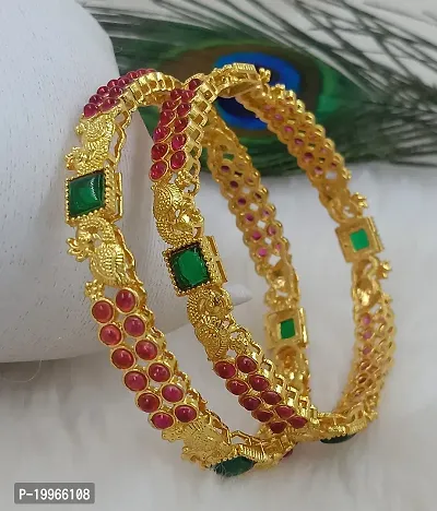 Govindam Glamorous Replica Gold Plated Ruby Green Stone 2 Pcs Bangle Set