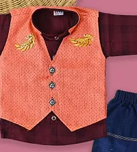 Elegant Cotton Blend Checked Shirt with Jeans And Waistcoat Set For Kids-thumb1