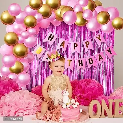 ● Happy Birthday Decoration kit : 1 Happy Birthday Banner (Pink), 50pcs HD Metallic Balloons (Pink  Golden 25 pcs each) and 1 Big Size Pink Curtain with Ribbon included ● Color : Pink  Gold ● The Bi