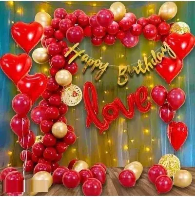 Herdem Happy Birthday decoration combo, complete birthday balloon combo kit includes- Happy birthday banner, 30 balloons, RED Heart Foil balloons and Gold confetti balloon., Love foil balloon, Led lig