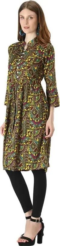 Manggo Crepe Printed Slit Dress (Small) Mustard-thumb2