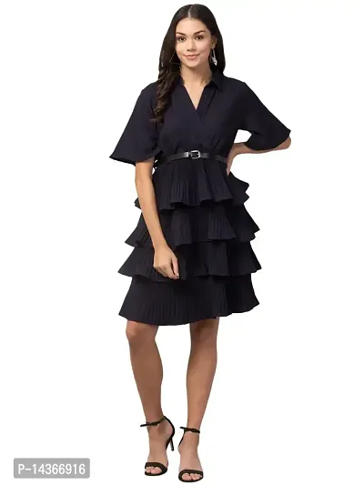 Manggo Crepe Layered Dress with Belt (Small) Blue