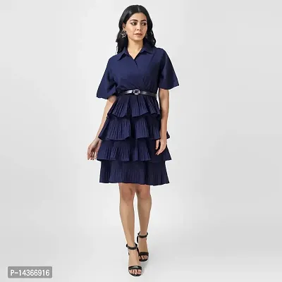 Manggo Crepe Layered Dress with Belt (Small) Blue-thumb3