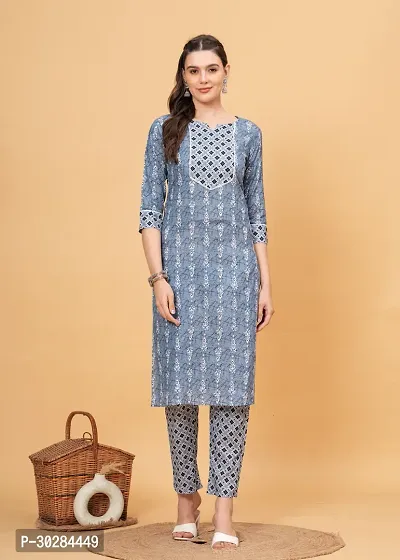 Stylish Blue Cotton Kurta With Pant Set For Women-thumb0