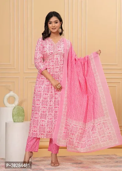 Stylish Pink Cotton Kurta With Pant And Dupatta Set For Women-thumb0