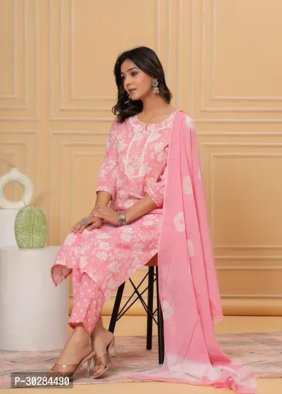 Stylish Pink Cotton Kurta With Pant And Dupatta Set For Women-thumb0