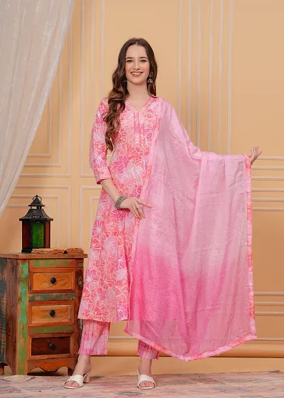 Stylish Kurta With Pant And Dupatta Set For Women