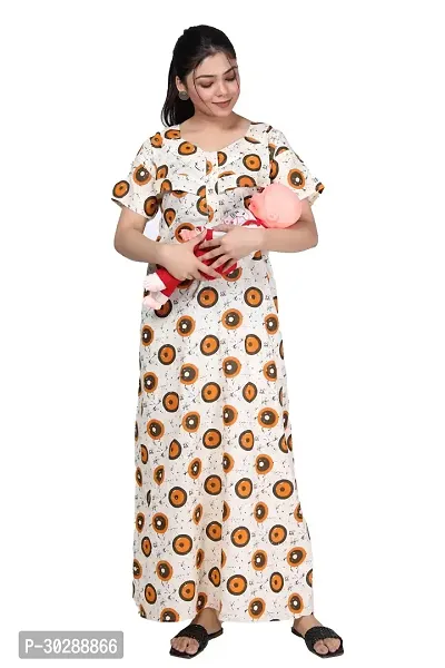 Stylish White Cotton Printed Maternity Nighty For Women-thumb0