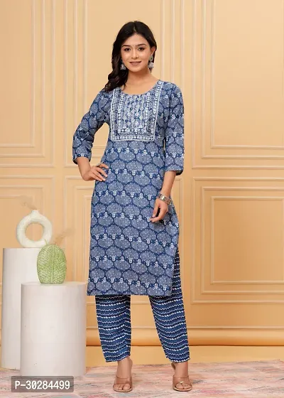 Stylish Blue Cotton Kurta With Pant Set For Women-thumb2