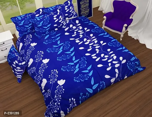 Blue Polycotton Graphic Printed King Size Bedsheet With 2 Pillow Covers