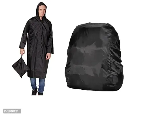 Black Knee Length Long Rain Coat With  Cap And Black Backpack Cover-thumb2