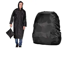 Black Knee Length Long Rain Coat With  Cap And Black Backpack Cover-thumb3