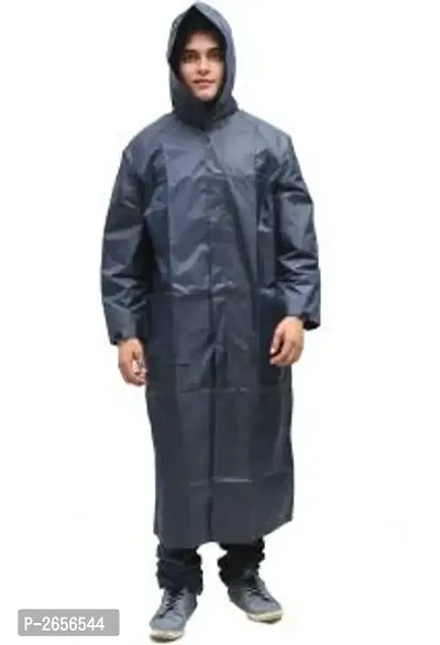 Blue Knee Length Long Rain Coat With Cap-thumb2