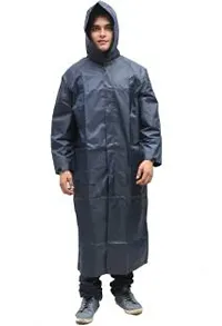 Blue Knee Length Long Rain Coat With Cap-thumb3