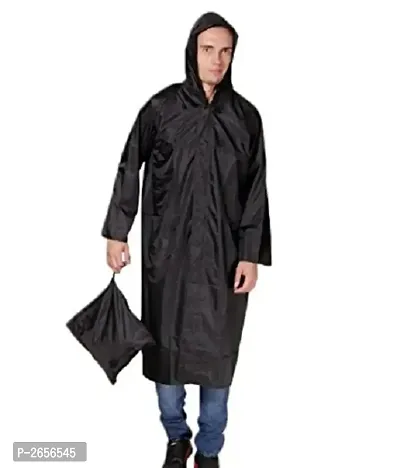 Black Knee Length Long Rain Coat With Cap-thumb0