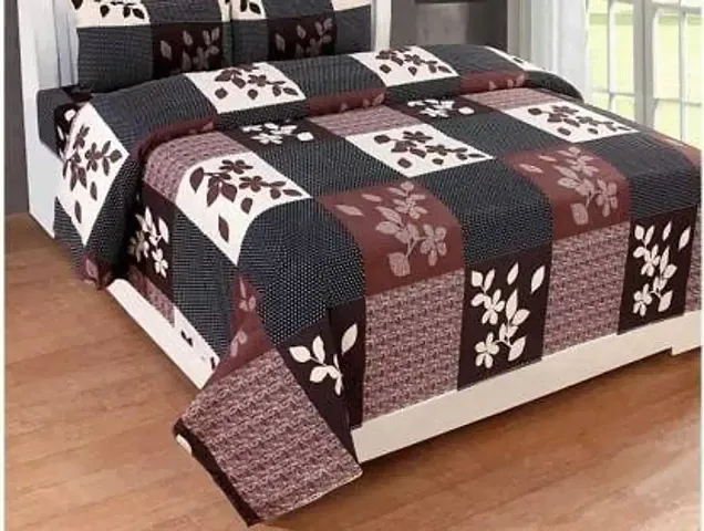 Cotton Villas 3D Printed Microfiber Brown Box Bedsheet for Double Bed with 2 Pillow Cover Microfiber and Cotton Mix Color Brown (88 X 88 inch )