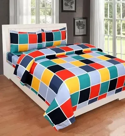 BUCKSHOP 210 TC Printed Microfiber Double Bedsheet 1 Queen Size Bedsheet for Double Bed with 2 Pillow Covers (Multicolor, 90X90Inch)