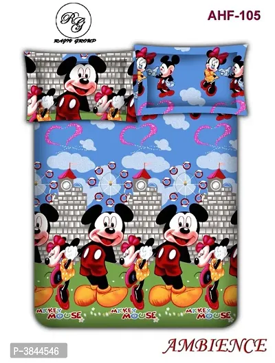 Beautiful Multicolored Mickey Mouse Printed Polycotton Double Size 1 Bedsheet With 2 Pillow Covers