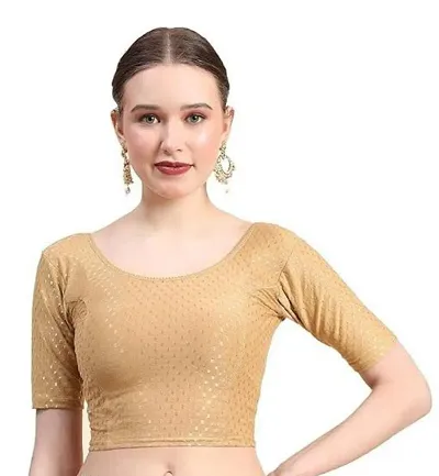 Chetmika Round Neck Dobby Cotton Lycra Stretchable Elbow Sleeve Readymade Saree Blouse for Women Stylish