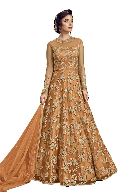 Stylish Net Embroidered Semi Stitched Ethnic Gowns