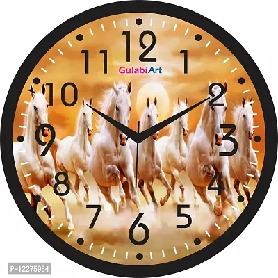 GULABIART Horse Big Size Designer Analogue Round Plastic Wall Clock with Glass for Home (11 x 11 Inch / 28 x 28 cm) (Yellow) (GA-PL-069)