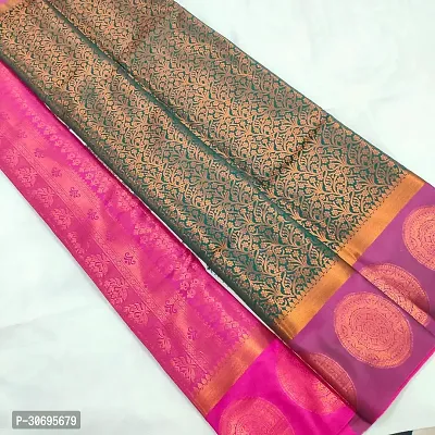 Elegant Dark Green Kanjivaram Contrast Border Pattu Saree with Blouse Piece-thumb2