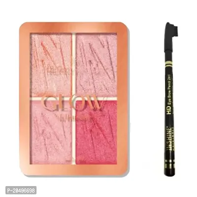 Hilary Rhoda 4 Attractive Shades Glow Blusher Palette for Face Makeup, Glow Blusher Face kit for Women  Girls (Shade-01) with Free INSHINE HD Eyebrow Pencil 2 in 1 Waterproof  Highly Pigmented (Black).