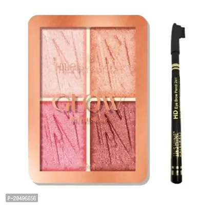 Hilary Rhoda 4 Attractive Shades Glow Blusher Palette for Face Makeup, Glow Blusher Face kit for Women  Girls (Shade-03) with Free INSHINE HD Eyebrow Pencil 2 in 1 Waterproof  Highly Pigmented (Black).