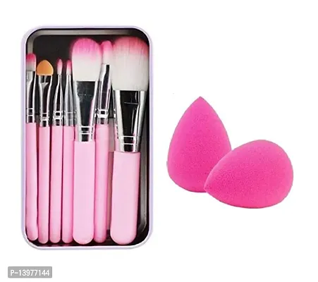 Women And Girl 7 Pcs Pink Kitty Makeup Brush Set With 2 Beauty Blender - (Pack Of 9-thumb0