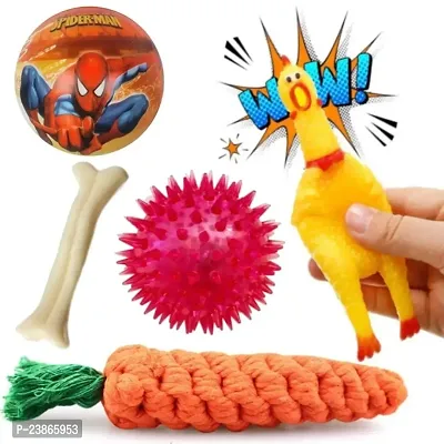 Puppies Combo Toys for Dogs Squeaky Squawking Chicken Rubber Dog Toys with Sound | Rope Chew Toys | Spike Ball | Nylon Bone | Toys for Puppies - Pack of 5-thumb0