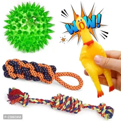 Puppies Combo Toys for Dogs Squeaky Squawking Chicken Rubber Dog Toys with Sound | Rope Chew Toy | Spike Ball | Toys for Puppies - Pack of 4