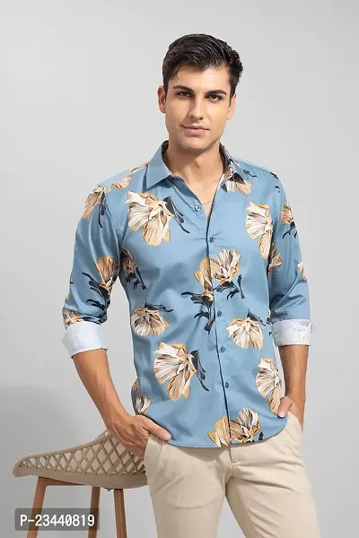 Trendy Blue Cotton Long Sleeves Printed Casual Shirt For Men-thumb0