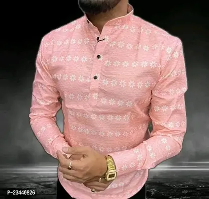 Trendy Pink Cotton Long Sleeves Printed Casual Shirt For Men