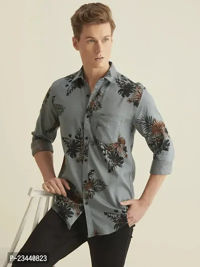 Trendy Grey Cotton Long Sleeves Printed Casual Shirt For Men