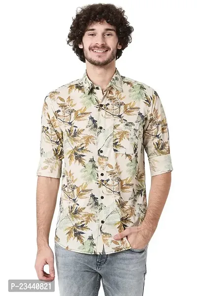 Trendy Beige Cotton Long Sleeves Printed Casual Shirt For Men