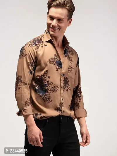 Trendy Khaki Cotton Long Sleeves Printed Casual Shirt For Men
