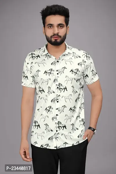 Trendy White Polyester Spandex Short Sleeves Printed Casual Shirt For Men-thumb0